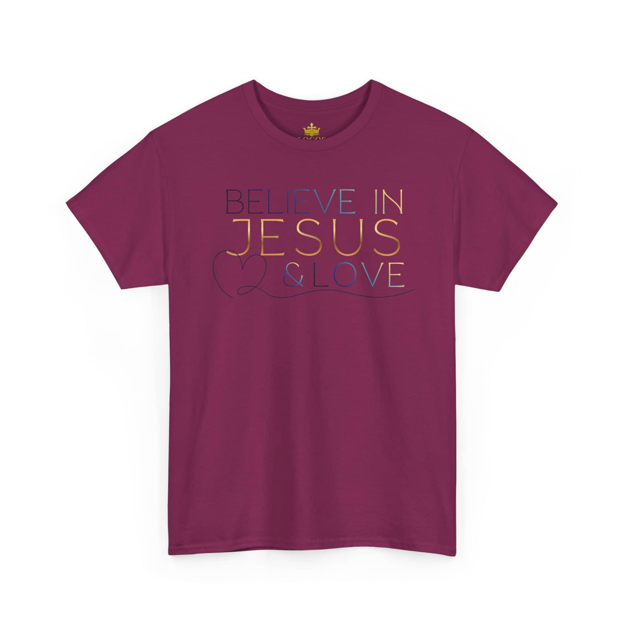 Believe In Jesus - Faith tee in burgundy with colorful text design promoting faith and love
