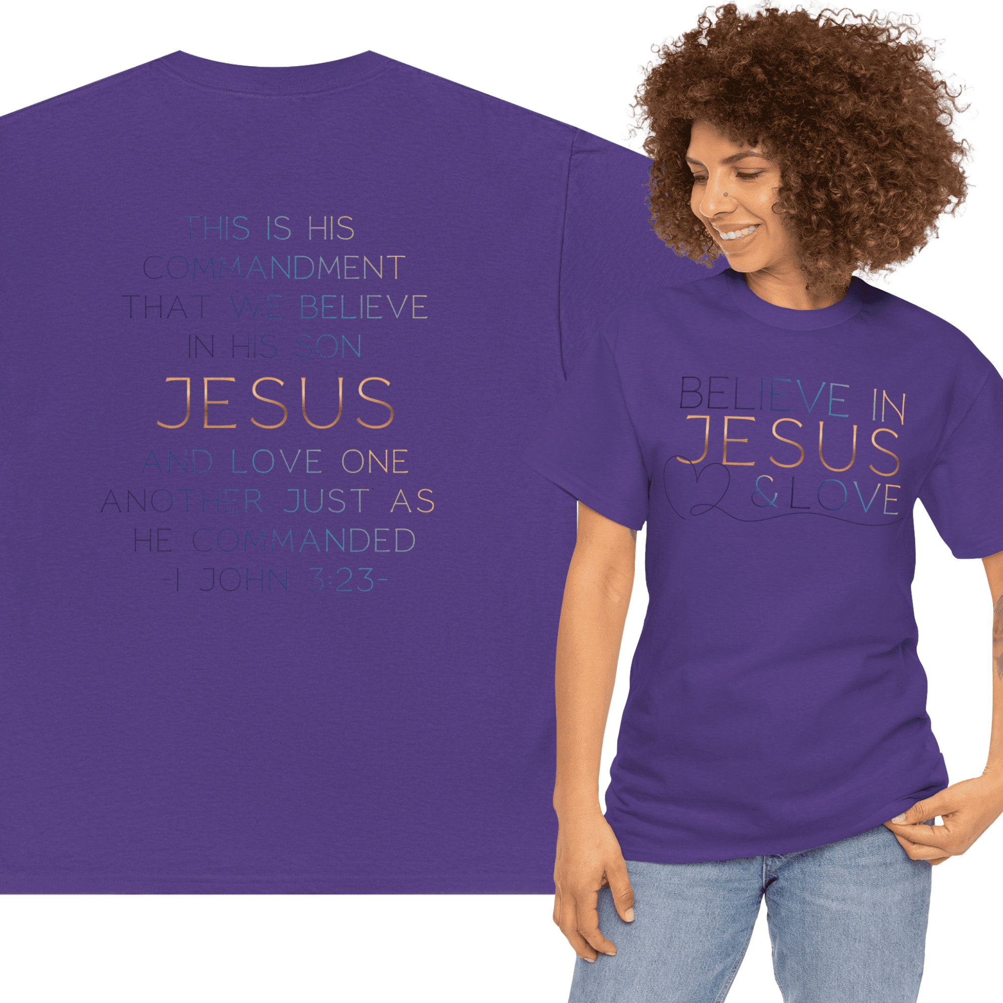 Believe In Jesus - Faith tee in purple featuring inspirational text on the back for spiritual wear