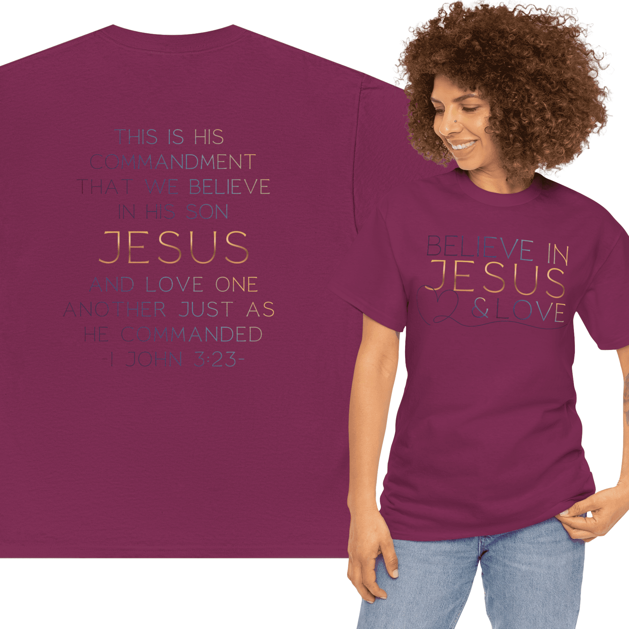 Maroon Believe In Jesus - Faith tee featuring inspirational text and comfortable fit for casual wear