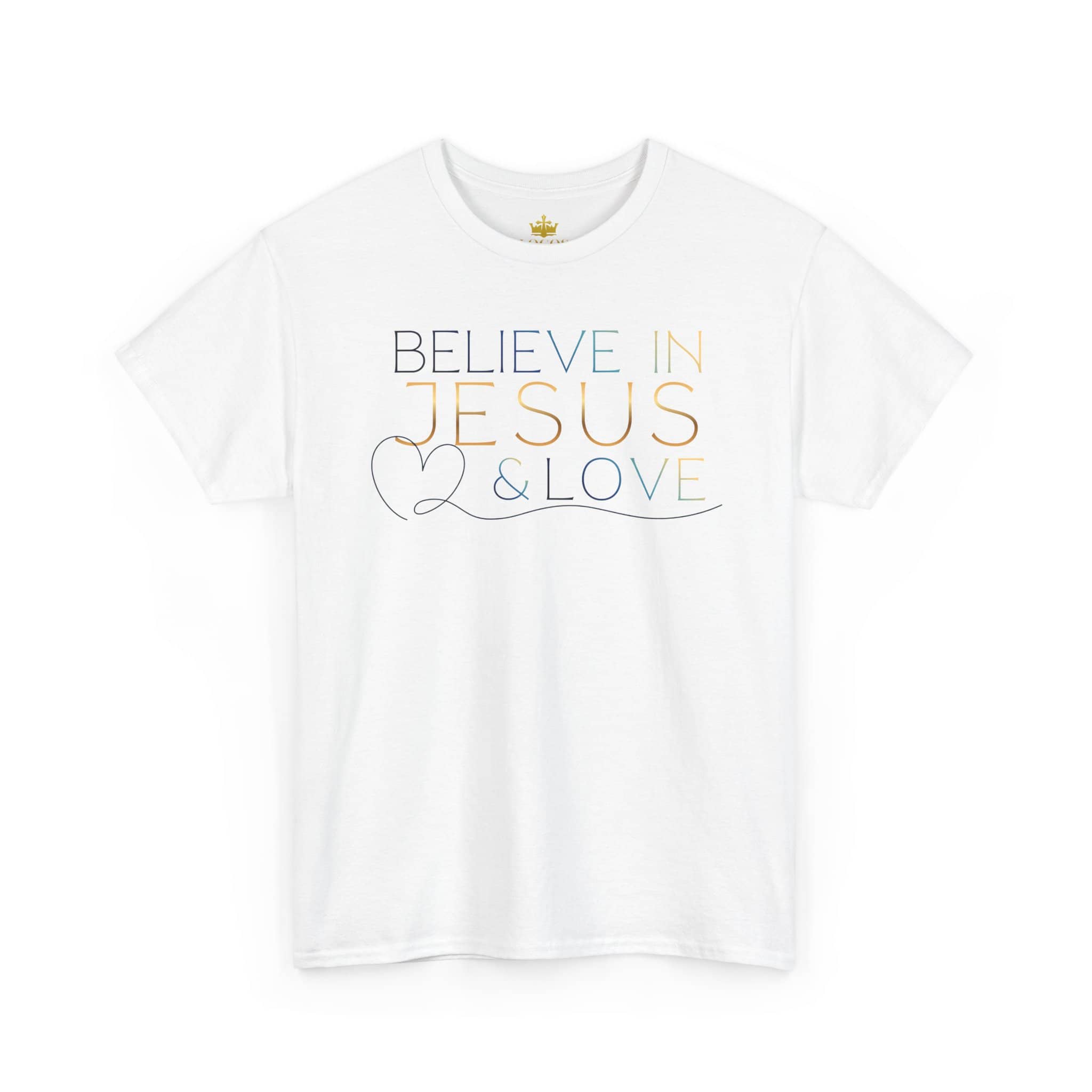 White Believe In Jesus - Faith tee featuring colorful text and heart design for a stylish statement