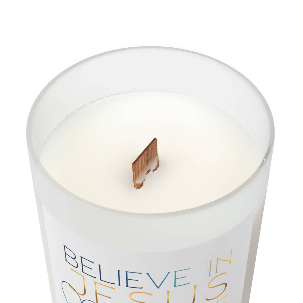Frosted Glass Candle with 'Believe in Jesus & Love' Phrase in White Color Viewed from the Top