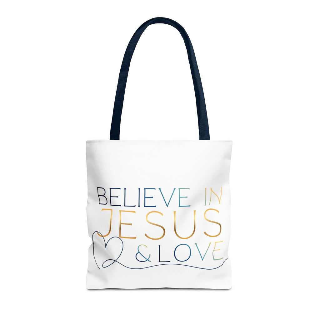 Canvas Believe in Jesus & Love Tote Bag in white with navy blue handles, showing front design