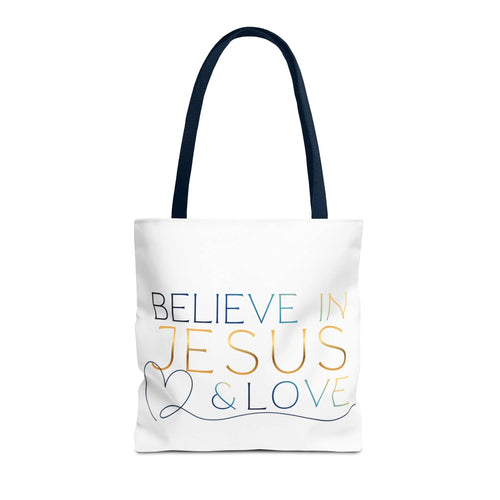 Canvas Believe in Jesus & Love Tote Bag in white with navy blue handles, showing front design