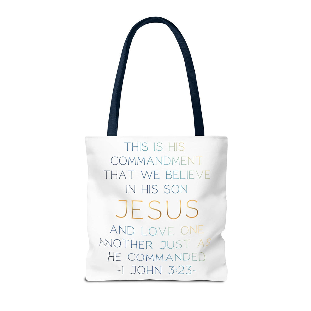 Tote bag with 'Believe in Jesus & Love' design in white and blue color, front view