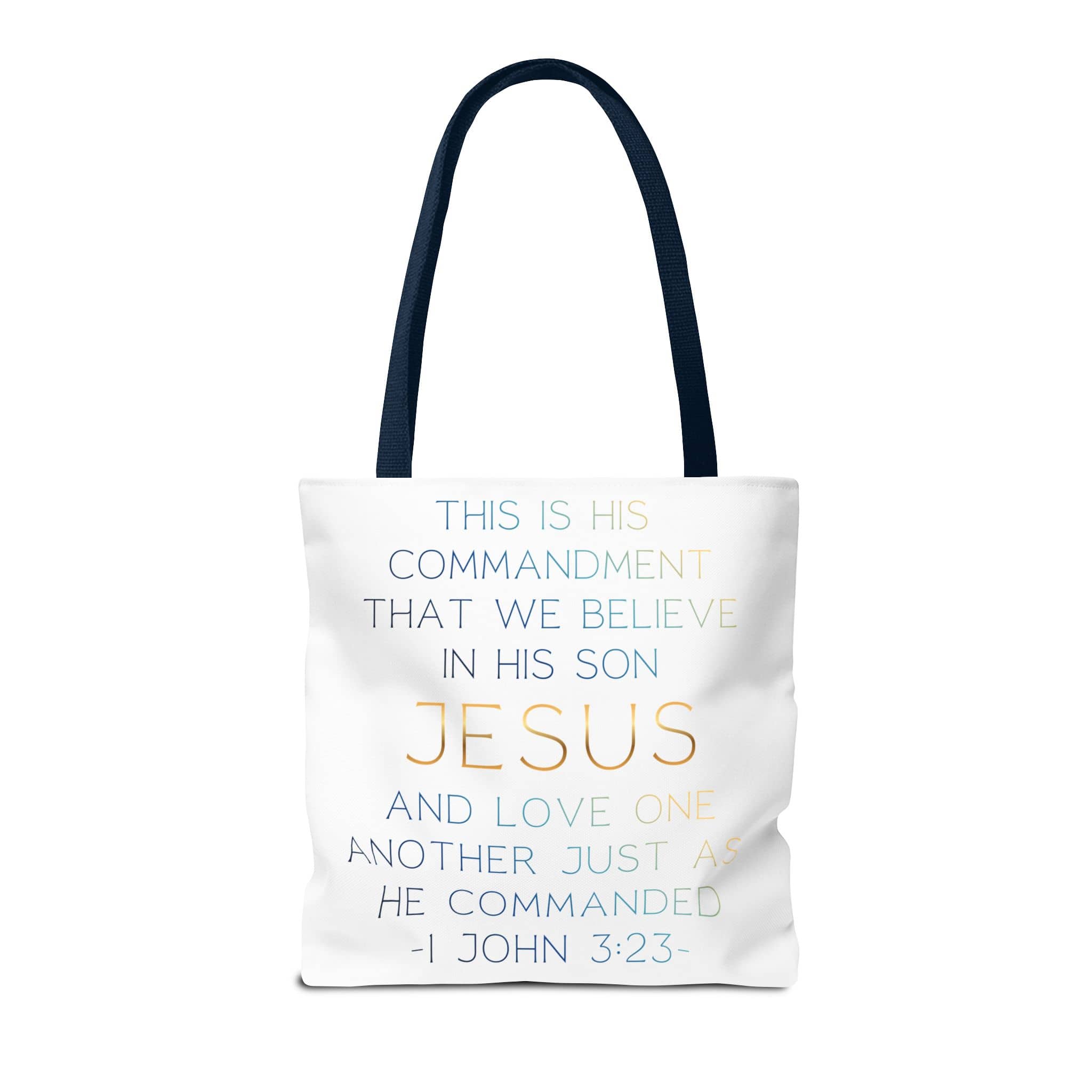 Tote bag with 'Believe in Jesus & Love' design in white and blue color, front view