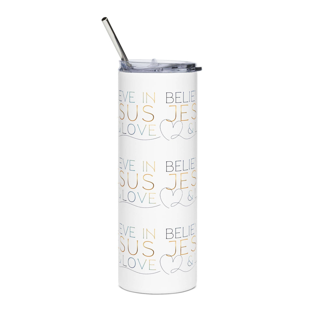 Believe in Jesus & Love Tumbler in white with a colorful scripture print on a tall stainless steel design