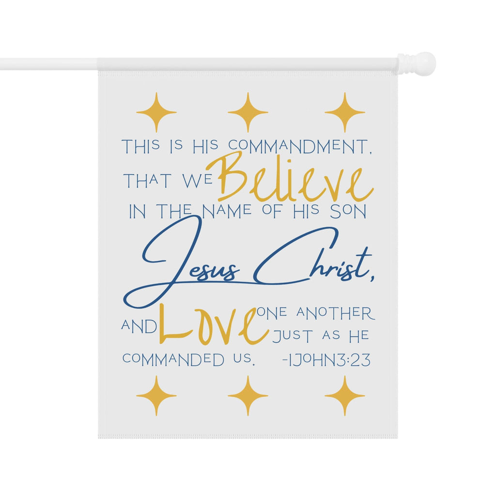 Colorful Bible verse house flag featuring scripture about faith and love in bold typography