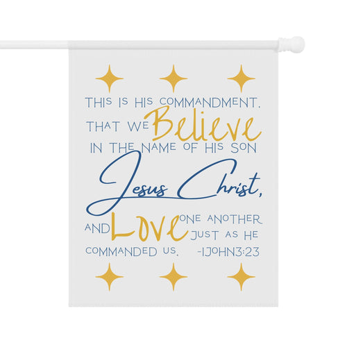 Colorful Bible verse house flag featuring scripture about faith and love in bold typography