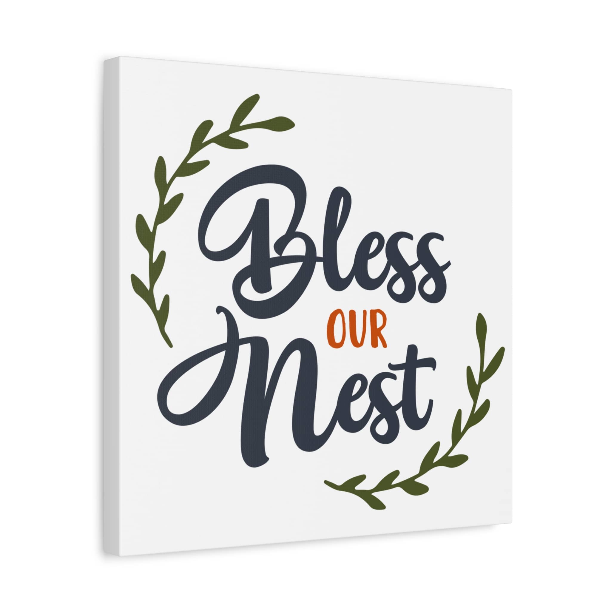 Bless Our Nest 16 x 16 Matte Canvas Wall Art Home Decor in dark blue and orange with green leaf accents, front view