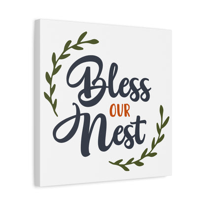 Bless Our Nest 16 x 16 Matte Canvas Wall Art Home Decor in dark blue and orange with green leaf accents, front view