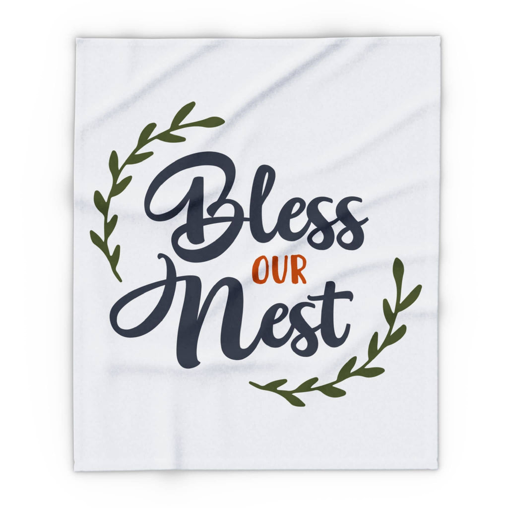 Bless Our Nest fleece blanket featuring elegant lettering and green leaf accents for cozy home decor