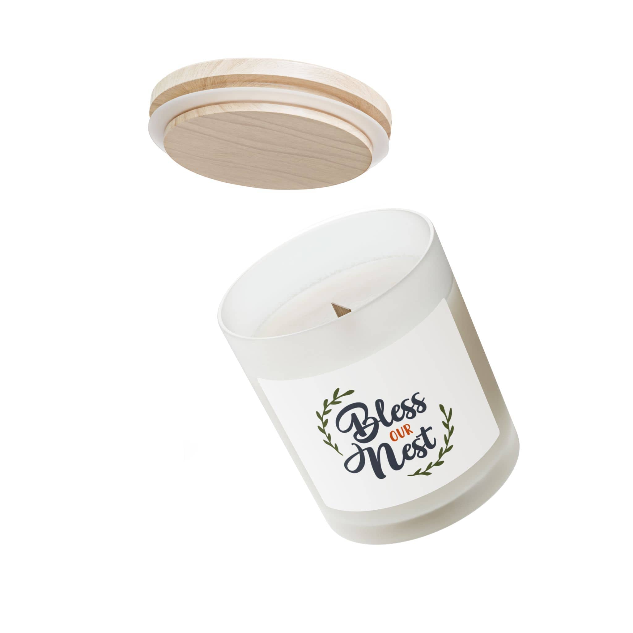 Bless Our Nest Frosted Glass Candle in white with wooden lid, showcasing the front view and decorative phrase