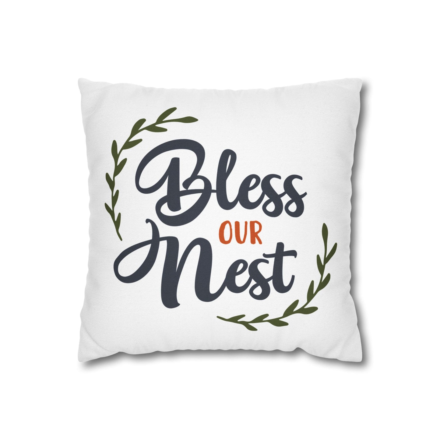 Bless Our Nest pillow cover with elegant script and decorative greenery design