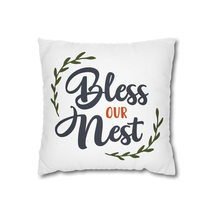 Bless Our Nest pillow cover with elegant script and decorative greenery design