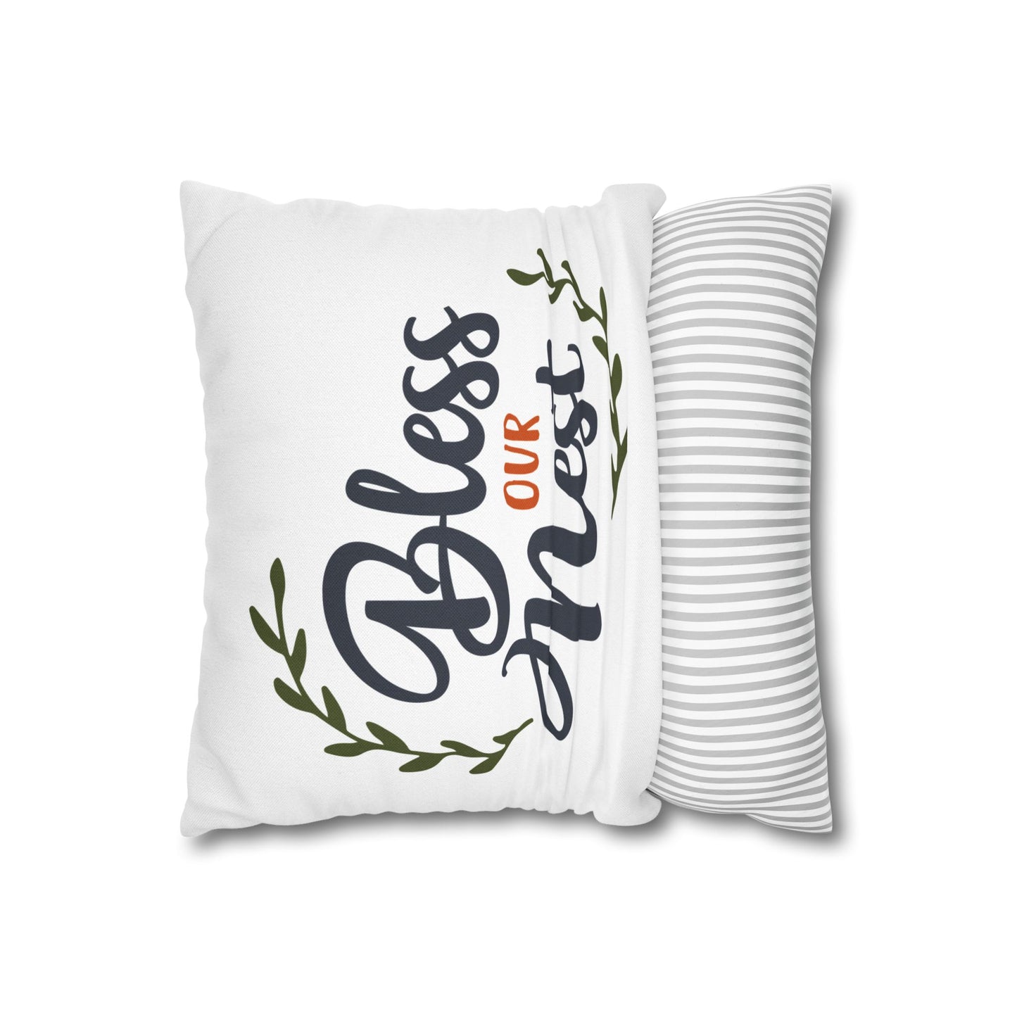 Bless Our Nest pillow cover with elegant lettering and leafy design for cozy home decor