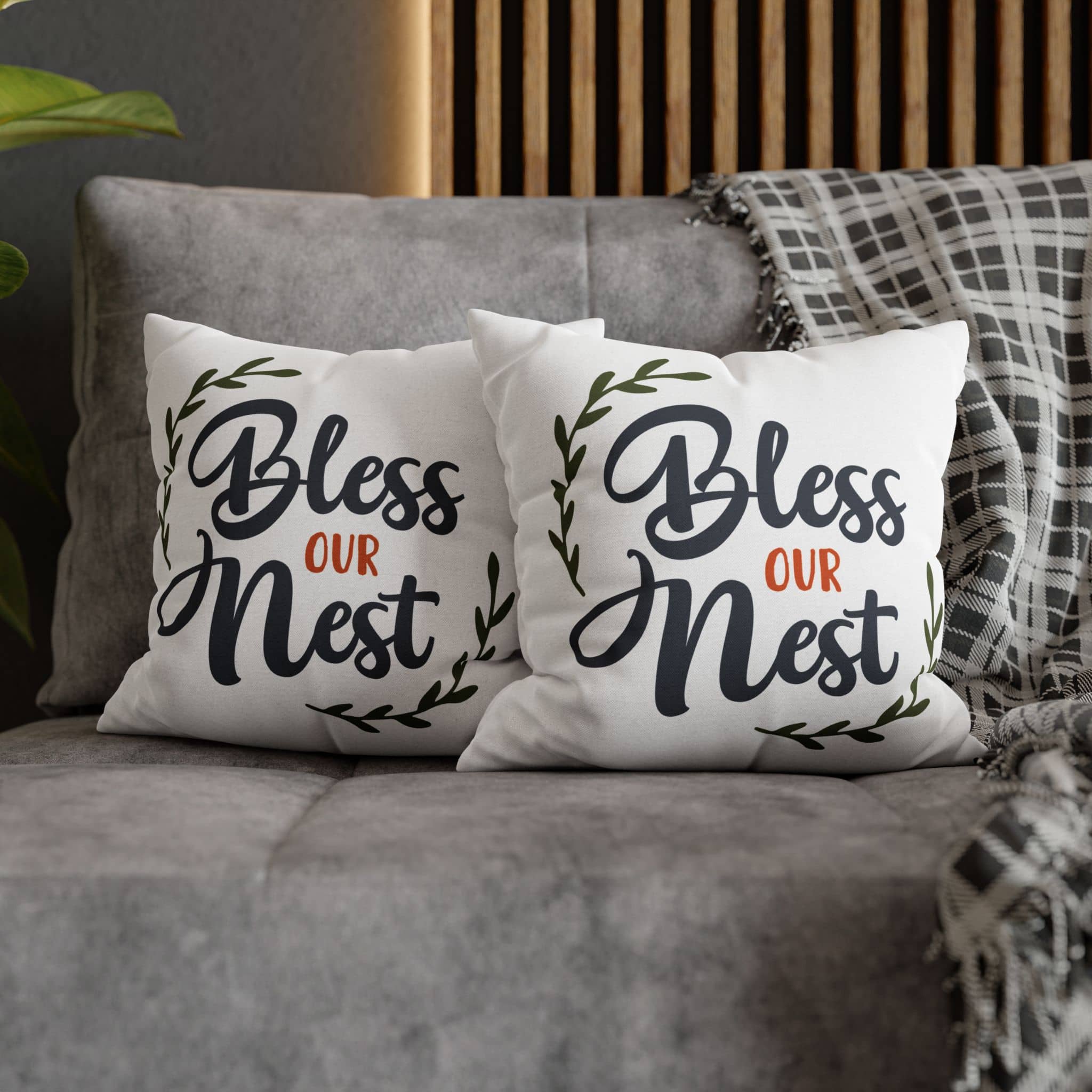 Cozy Bless Our Nest pillow cover set with decorative lettering and leafy accents for home decor