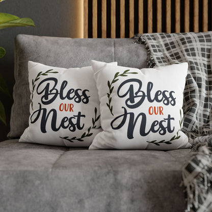 Cozy Bless Our Nest pillow cover set with decorative lettering and leafy accents for home decor