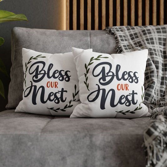 Cozy Bless Our Nest pillow cover set with decorative lettering and leafy accents for home decor