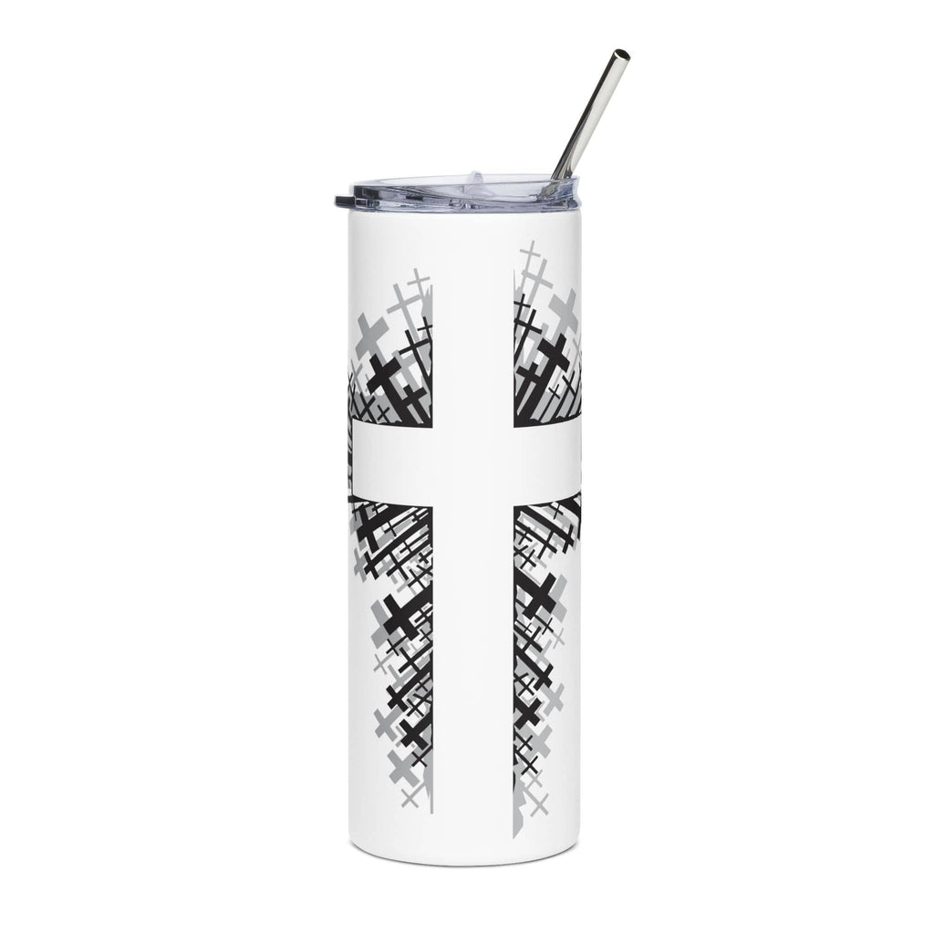 Bold Cross Design Tumbler with black cross pattern on white background, featuring a stainless steel straw