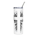 Bold Cross Design Tumbler with black cross pattern on white background, featuring a stainless steel straw