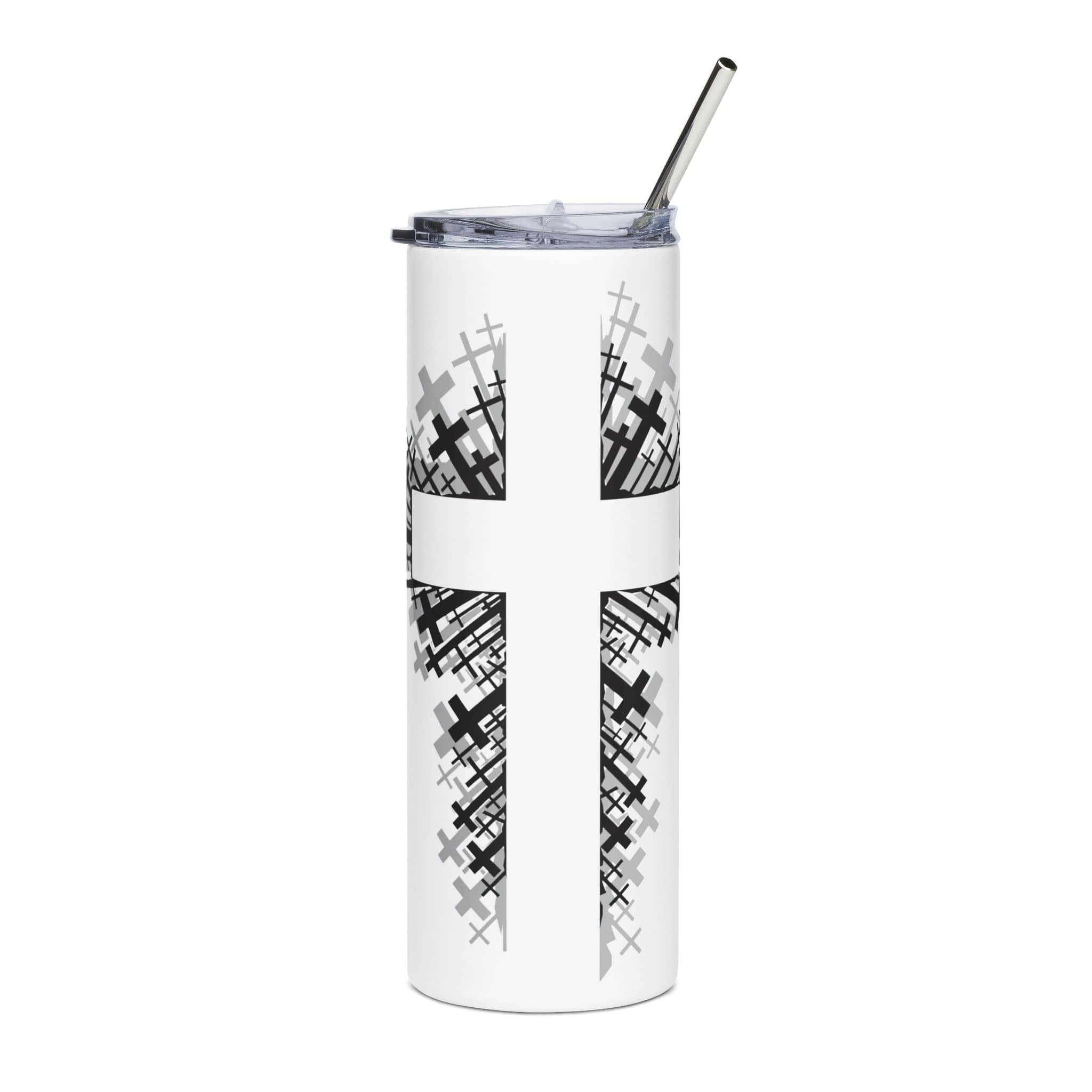 Bold Cross Design Tumbler with black cross pattern on white background, featuring a stainless steel straw