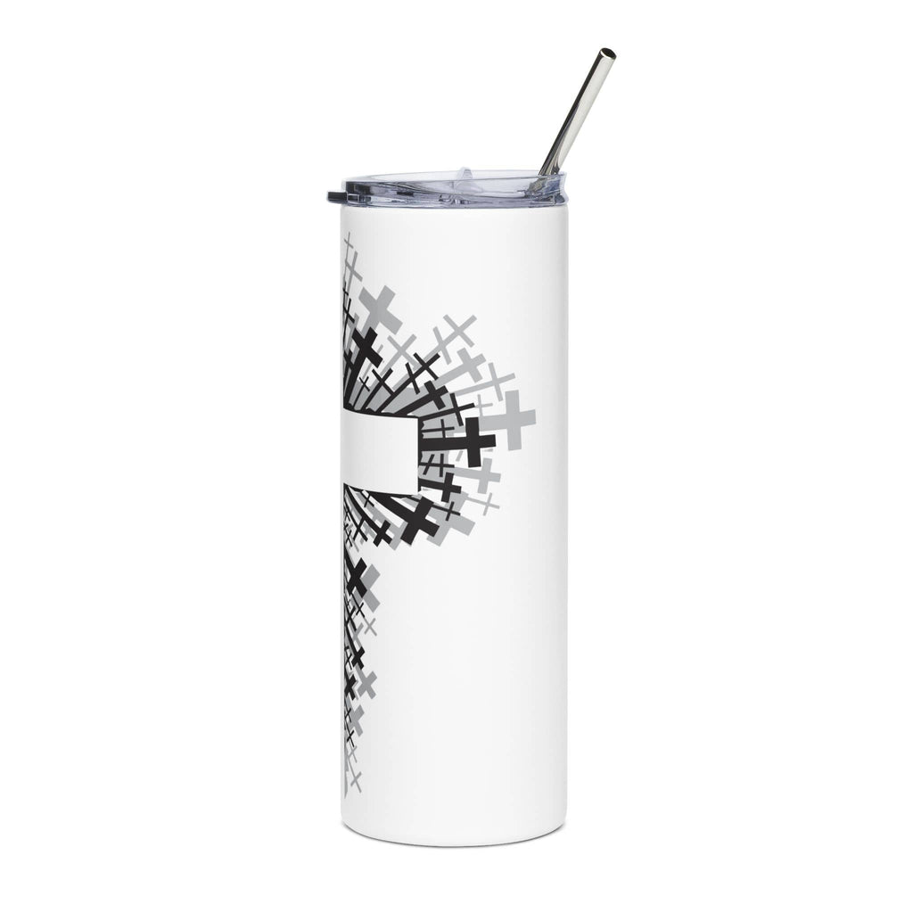 Bold Cross Design Tumbler with unique black cross pattern, sleek white finish, side view