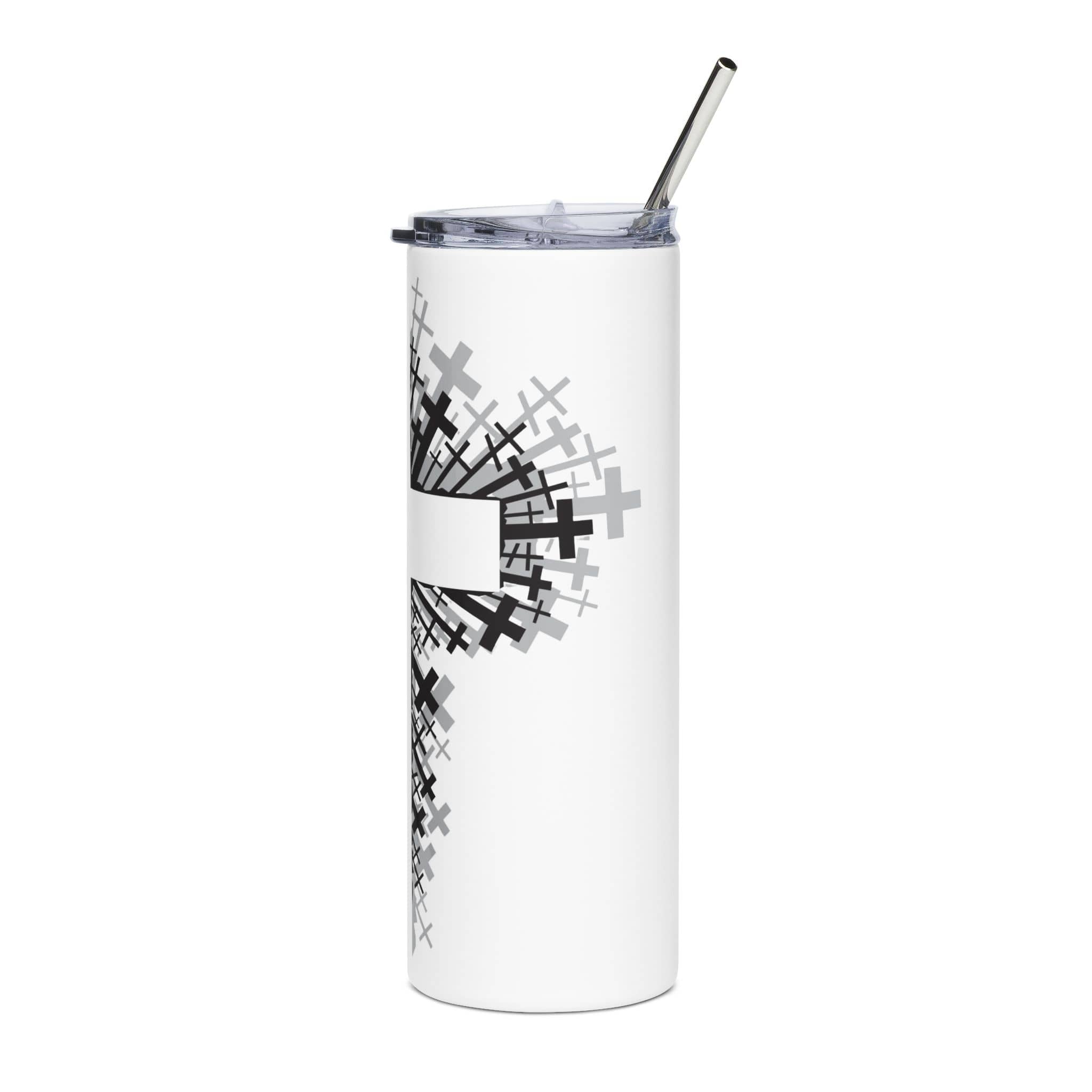 Bold Cross Design Tumbler with unique black cross pattern, sleek white finish, side view