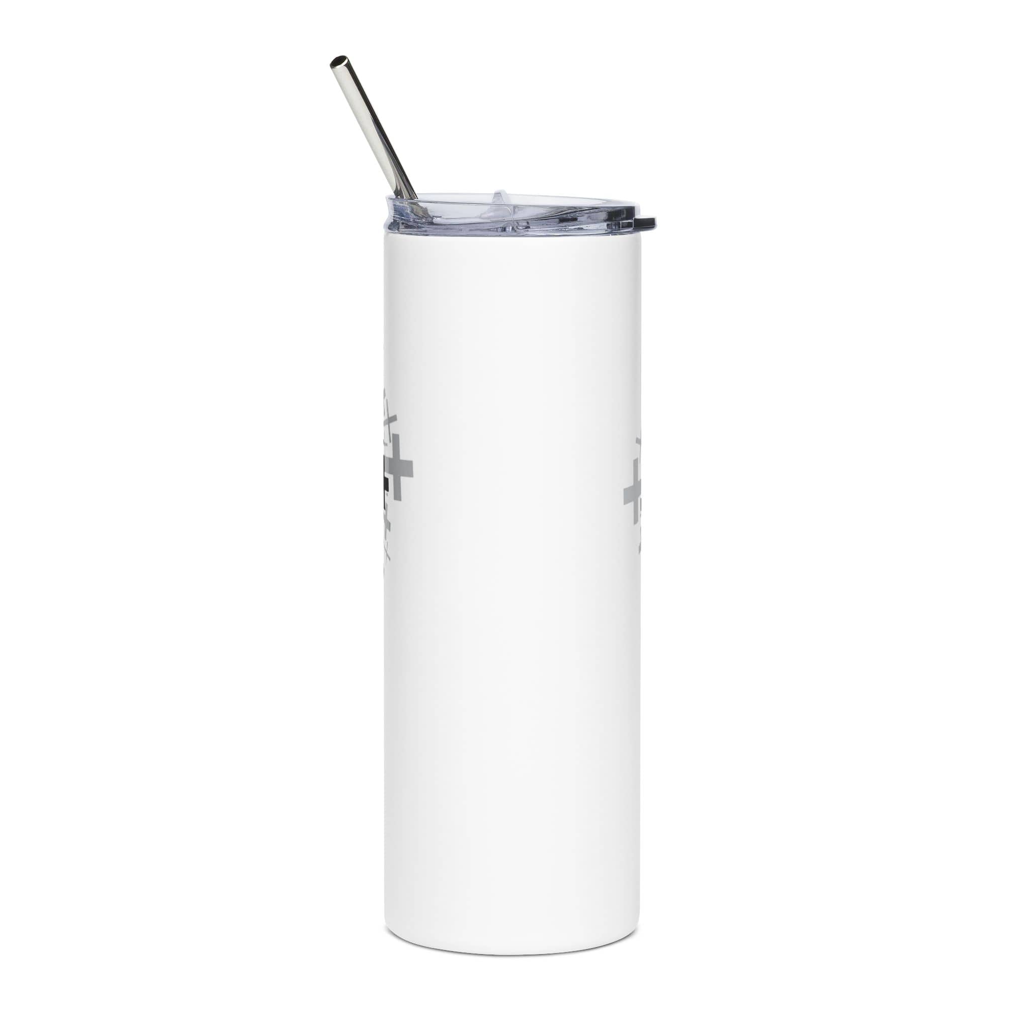 Bold Cross Design Tumbler with stainless steel straw, white finish, featuring crosses on both sides