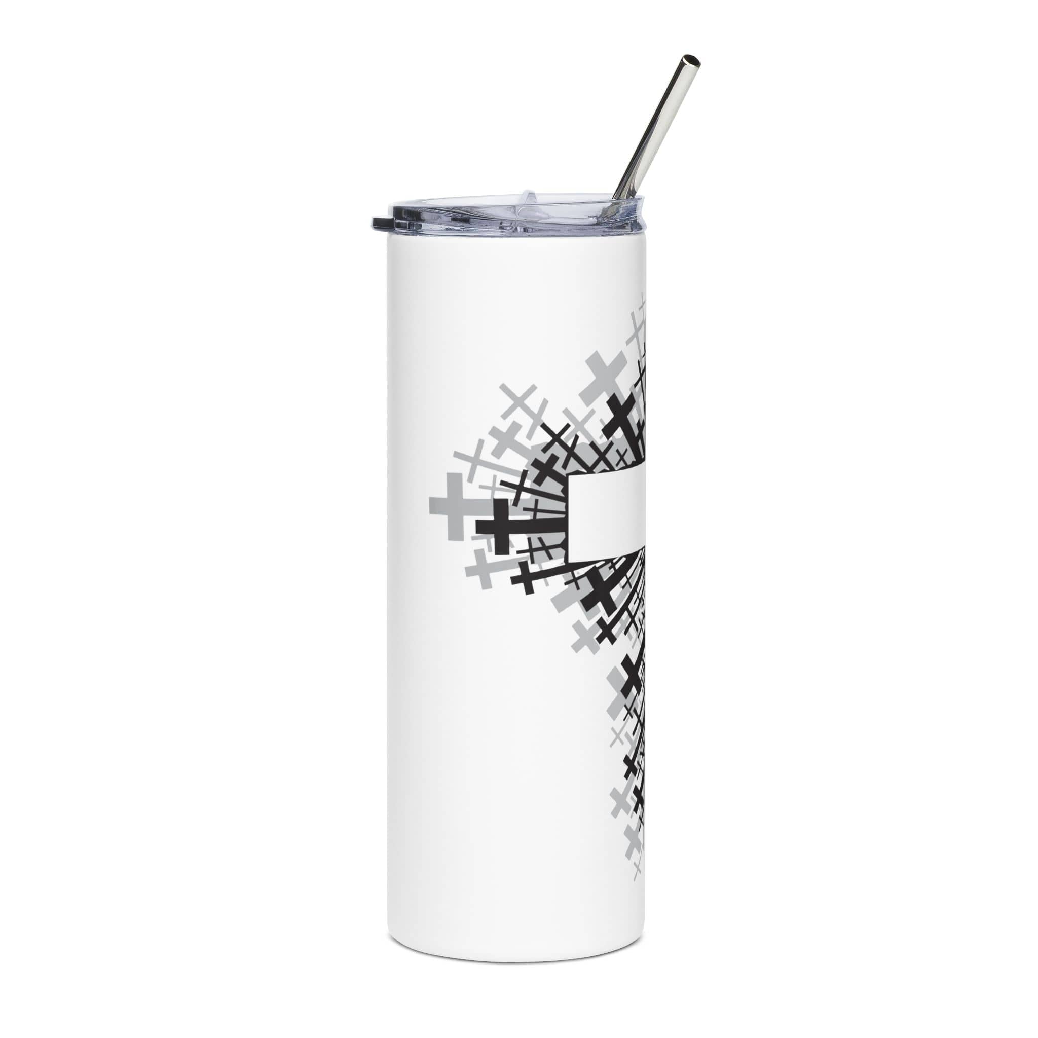 Bold Cross Design Tumbler with a striking black cross graphic on a white background, front view