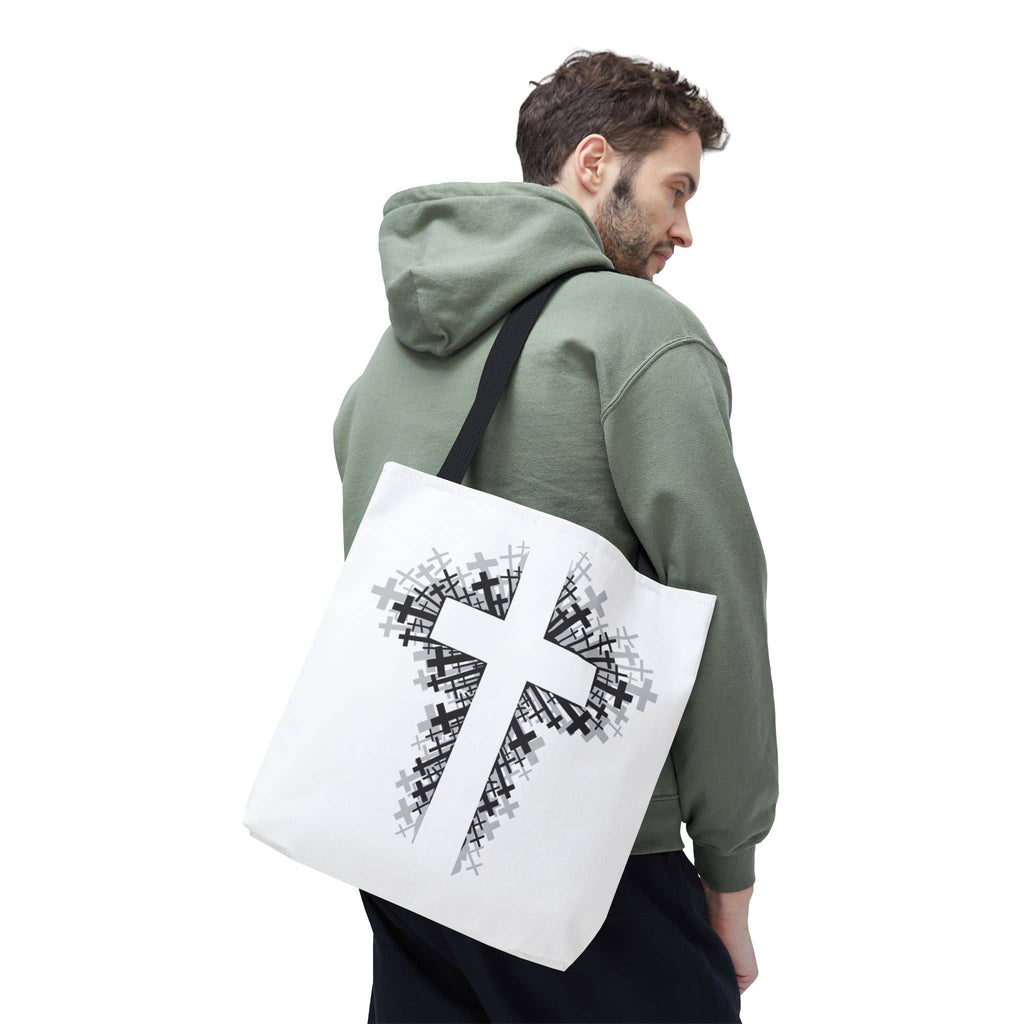 Bold Cross Tote Bag featuring a large cross design in gray on white background, shown from the back