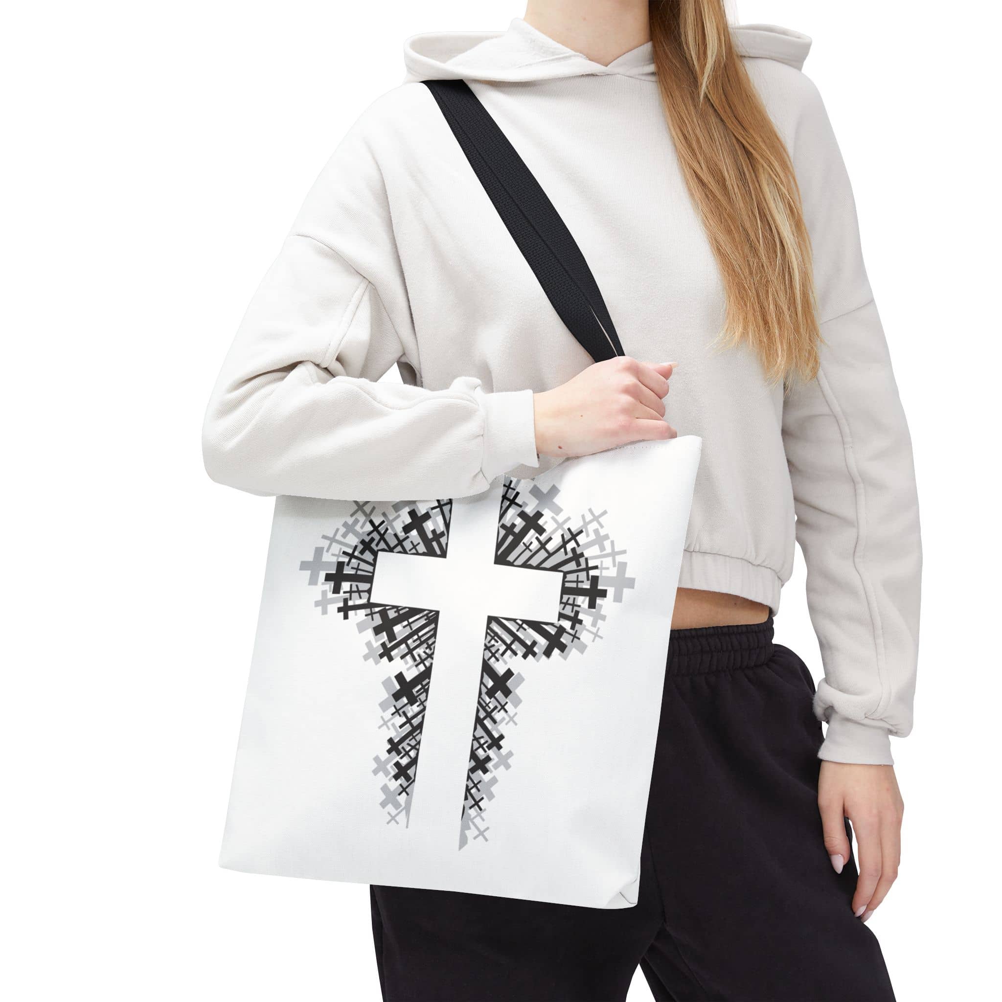 Bold Cross Tote Bag with a large cross design in black on a white background, viewed from the front