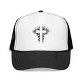 Bold Cross Trucker Hat with black mesh and white front featuring a cross design, front view