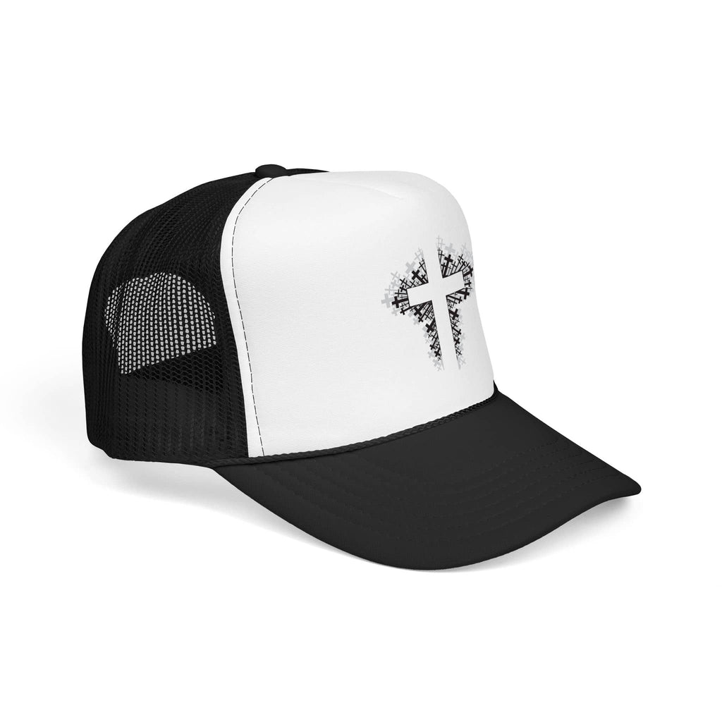 Bold Cross Trucker Hat featuring a cross design in black and white, side view