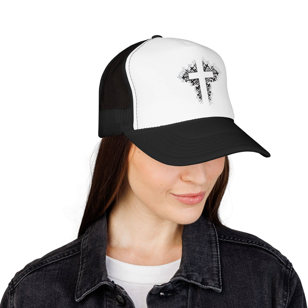 Bold Cross Trucker Hat with Inspirational Scripture in Black and White, Front View