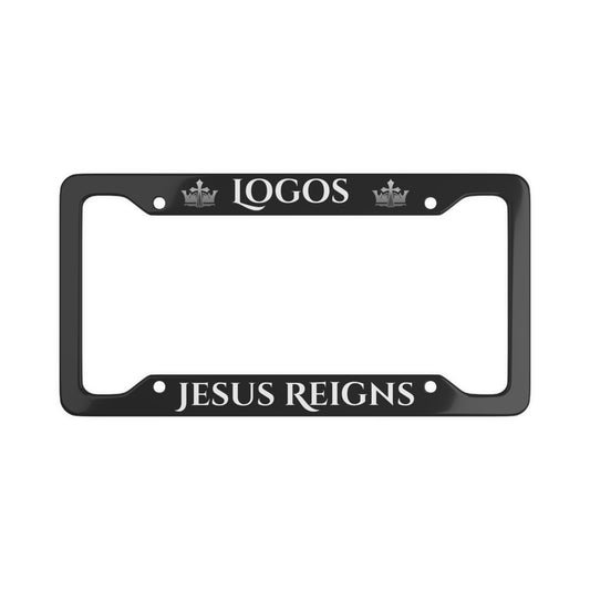 Black Jesus Reigns car accessory license plate frame with crown designs and LOGOS