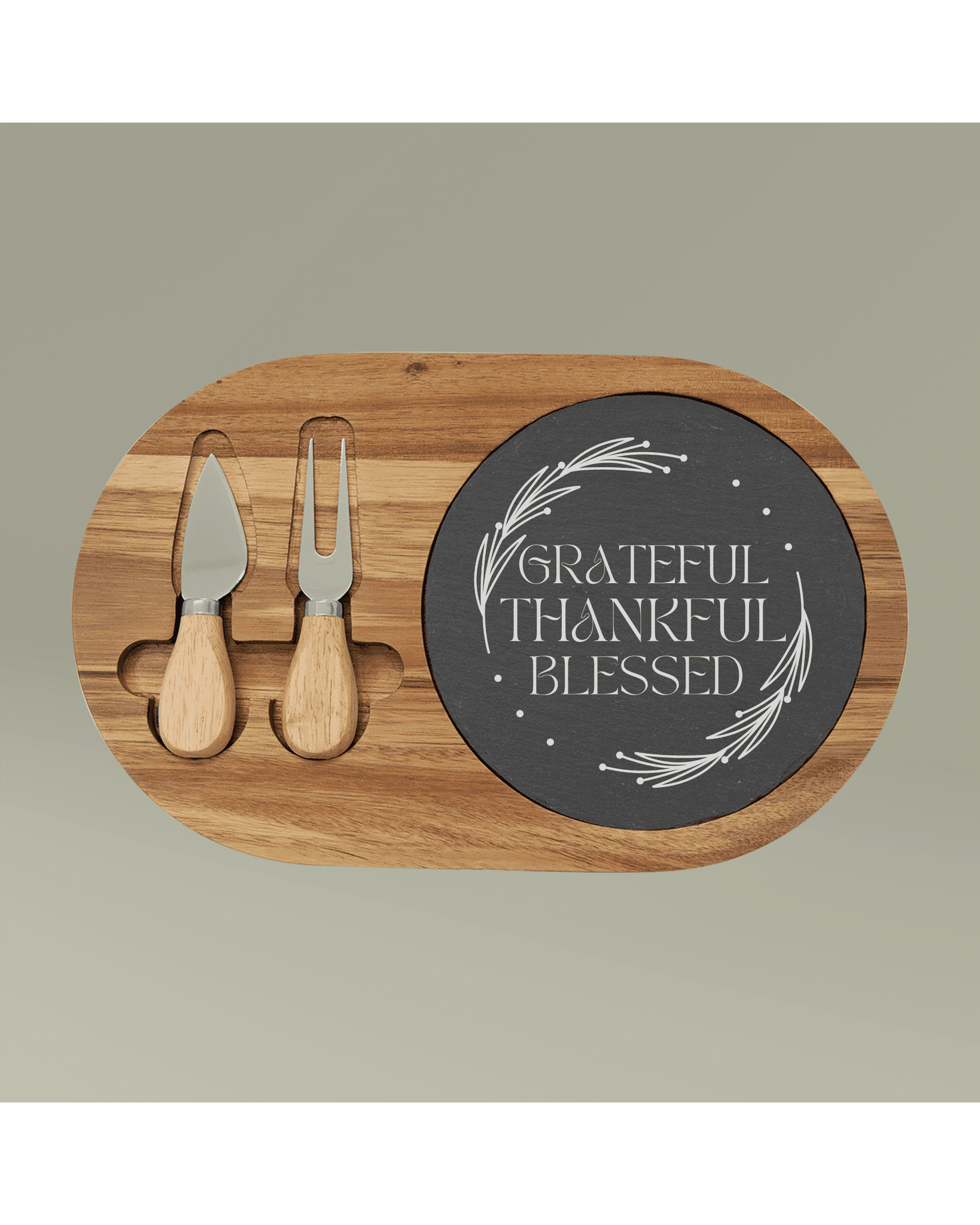 Grateful-Thankful-Blessed Charcuterie Board with Bamboo Handles and Serving Knives