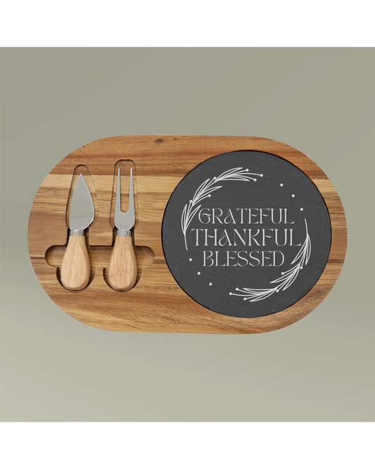 Grateful-Thankful-Blessed Charcuterie Board with Bamboo Handles and Serving Knives