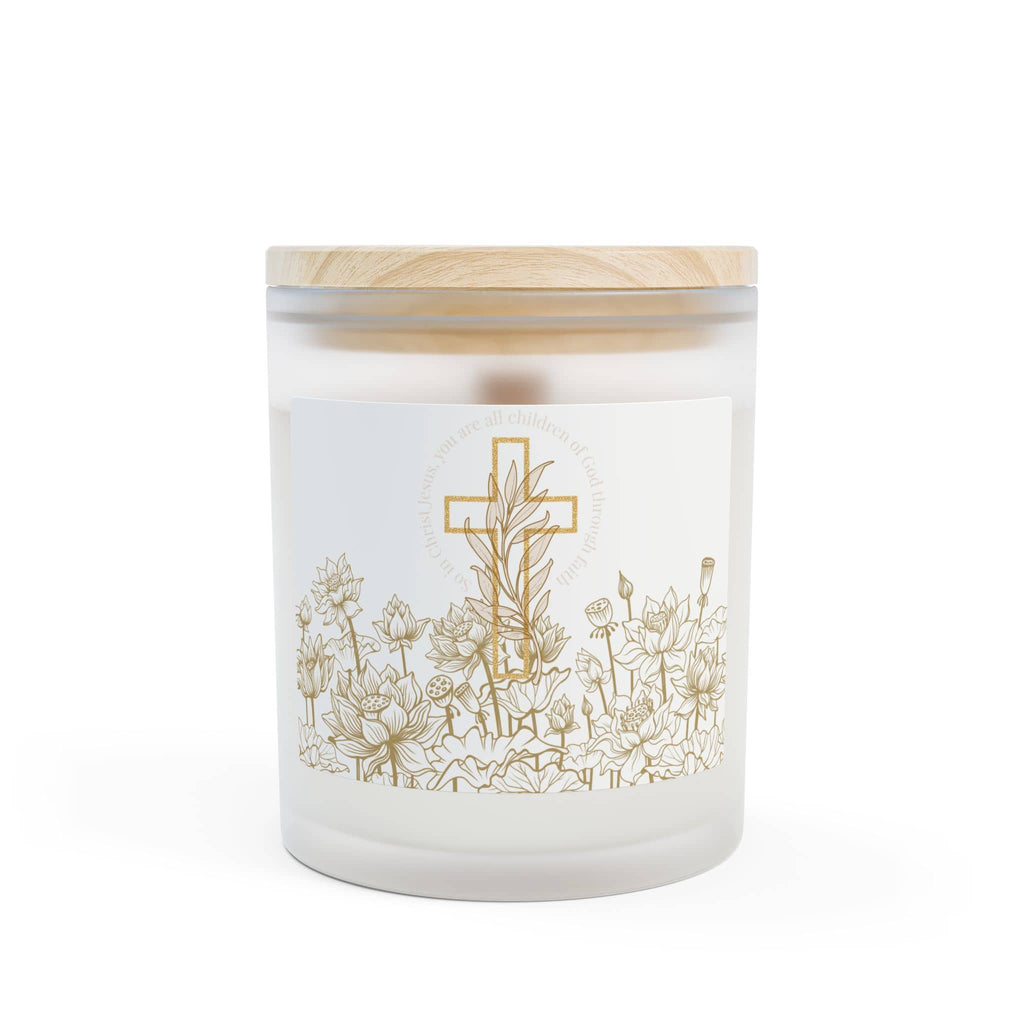 Children of God Candle with floral design and wooden lid, featuring an inspirational scripture on a frosted jar