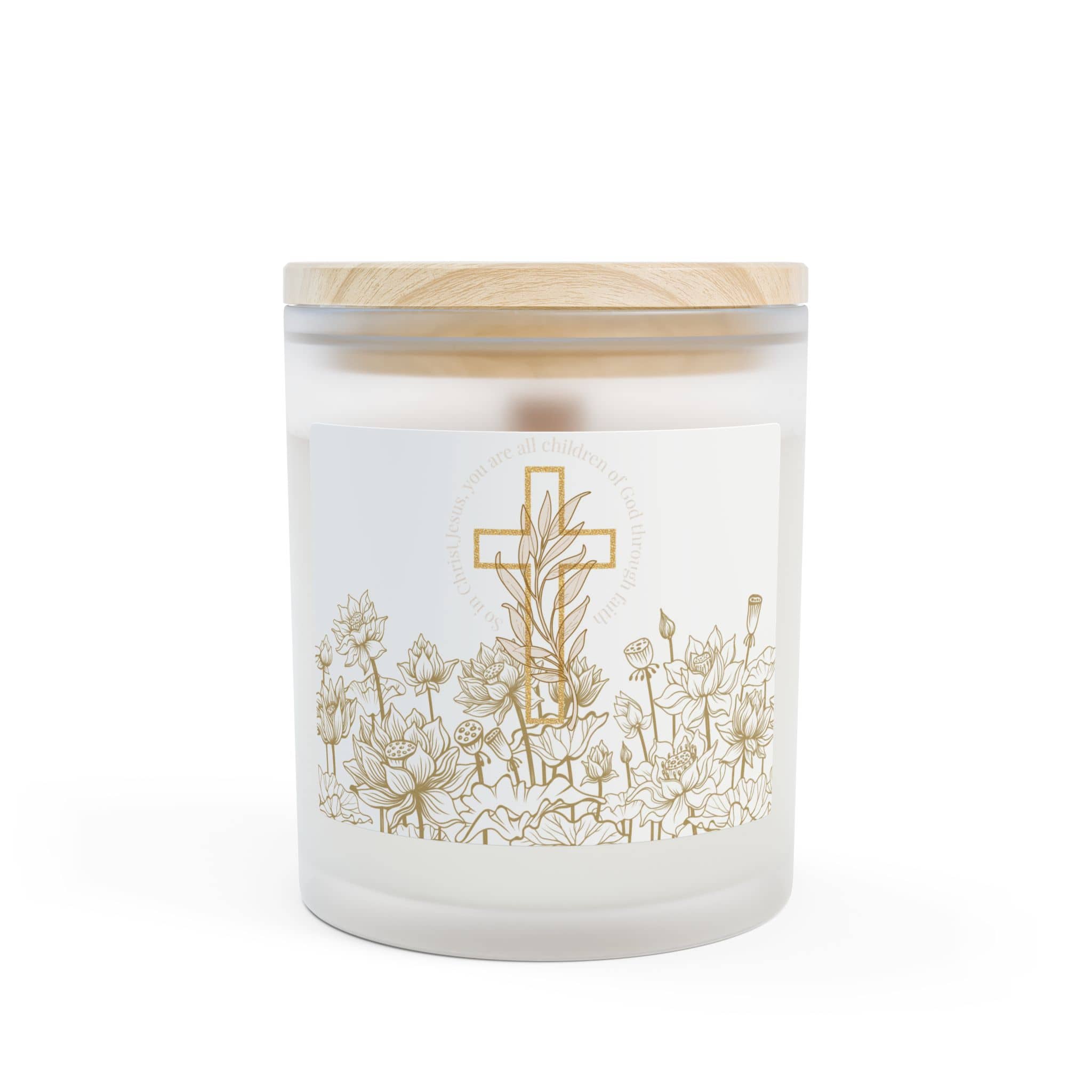 Children of God Candle with floral design and wooden lid, featuring an inspirational scripture on a frosted jar