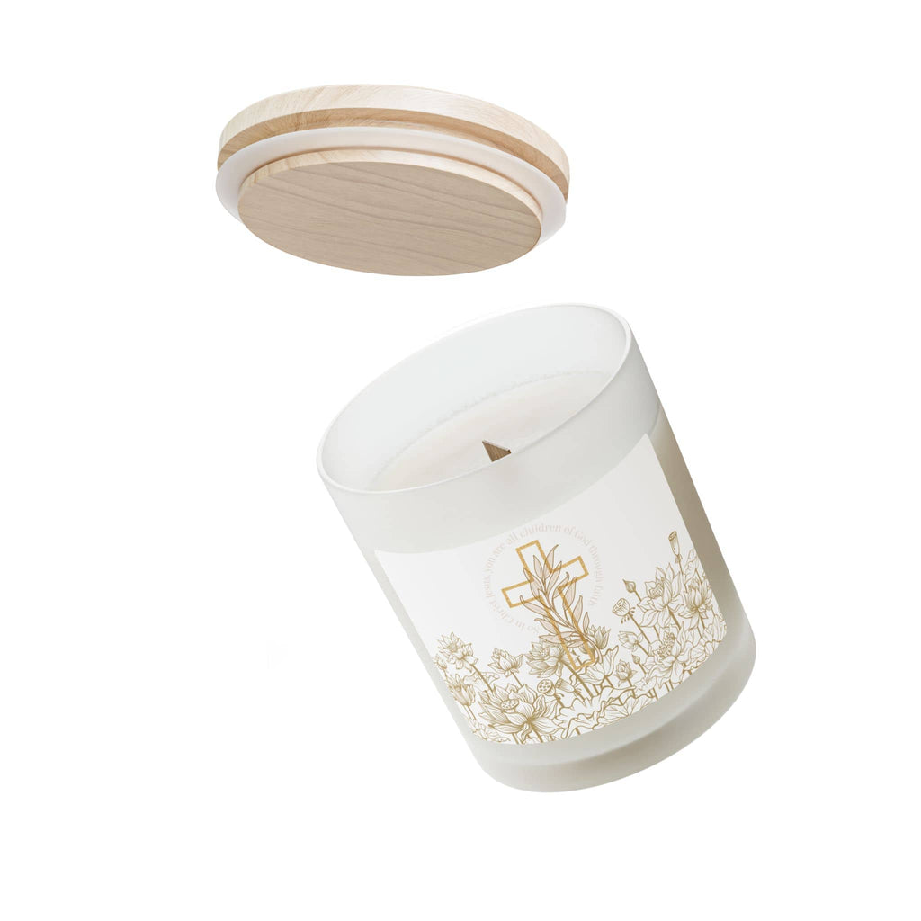 Children of God Candle in frosted glass featuring a floral design and wooden lid, top view showing the candle inside