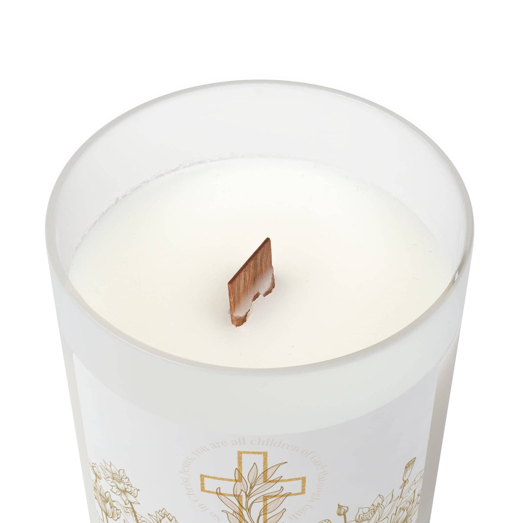 Children of God Candle with uplifting scripture, white glass container, top view showcasing wooden wick