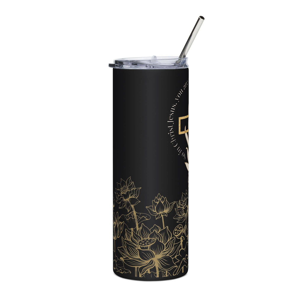 Children of God Tumbler in black with floral design and reusable straw, showcasing front view