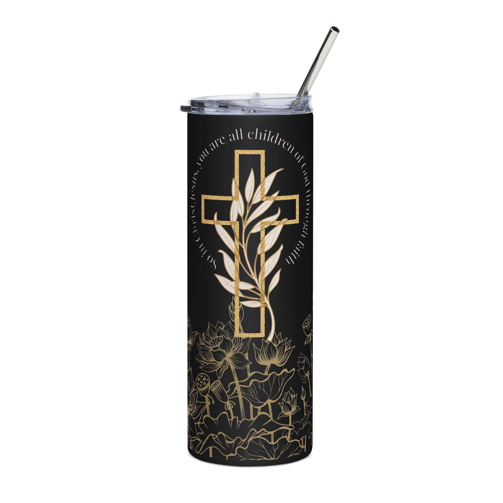 Children of God Tumbler featuring a gold cross and floral design on a black background, front view
