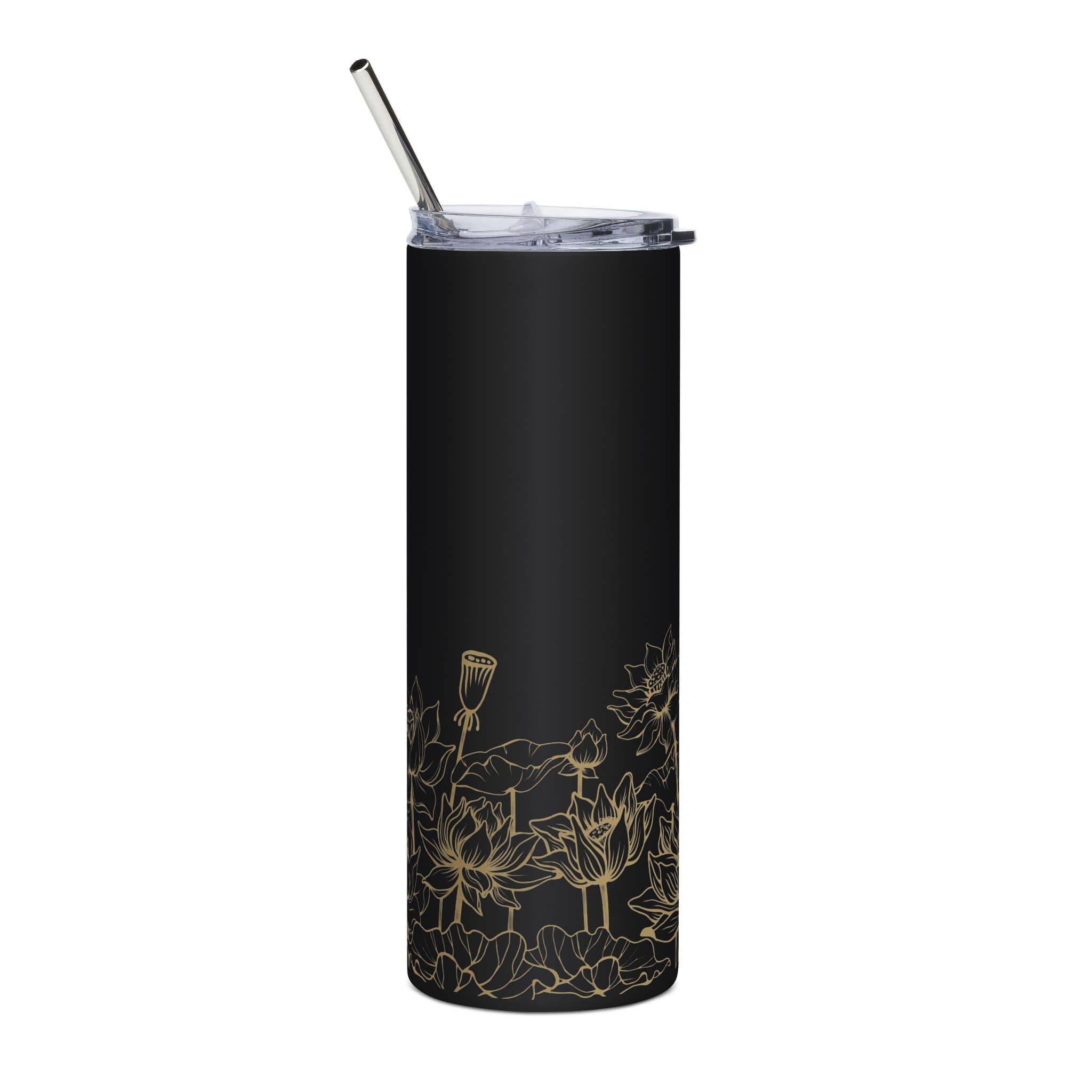 Stainless Steel Children of God Tumbler with Floral Design in Black, Side View