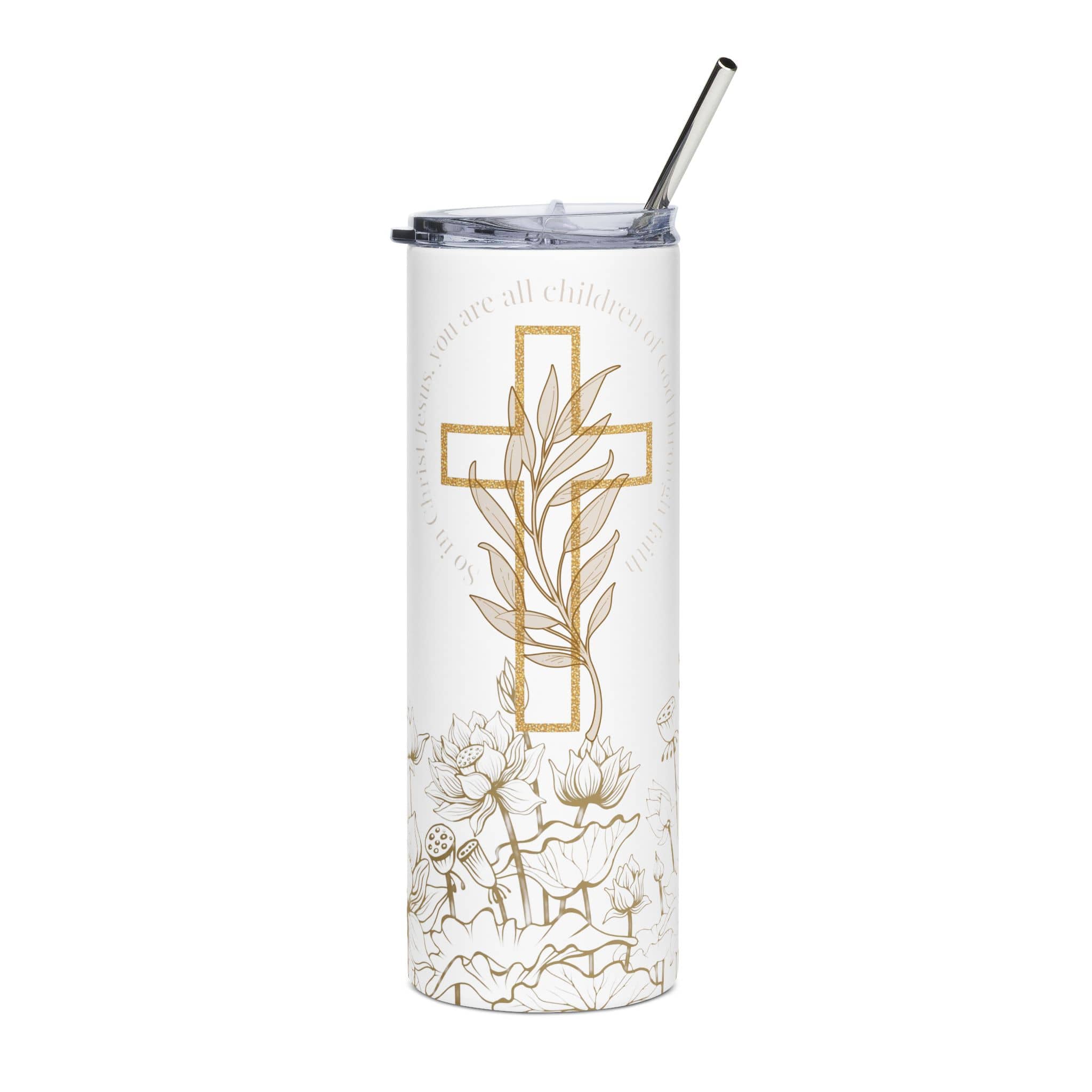 Children of God Tumbler with gold cross and floral design, front view, white background