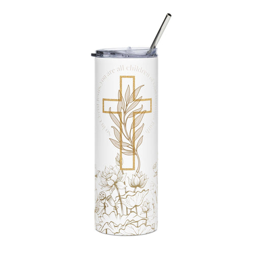 Children of God Tumbler with gold cross and floral design, front view, white background