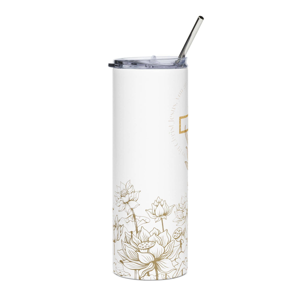 Children of God Tumbler with white lotus flower design and clear straw, showcasing the front view