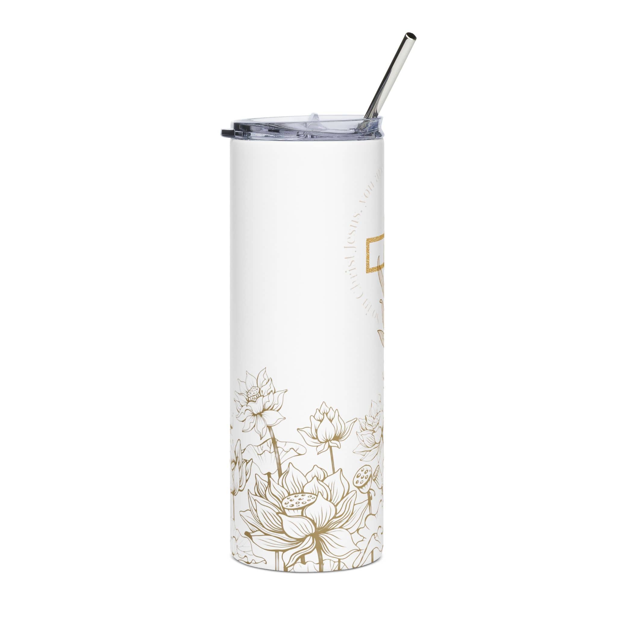 Children of God Tumbler with white lotus flower design and clear straw, showcasing the front view