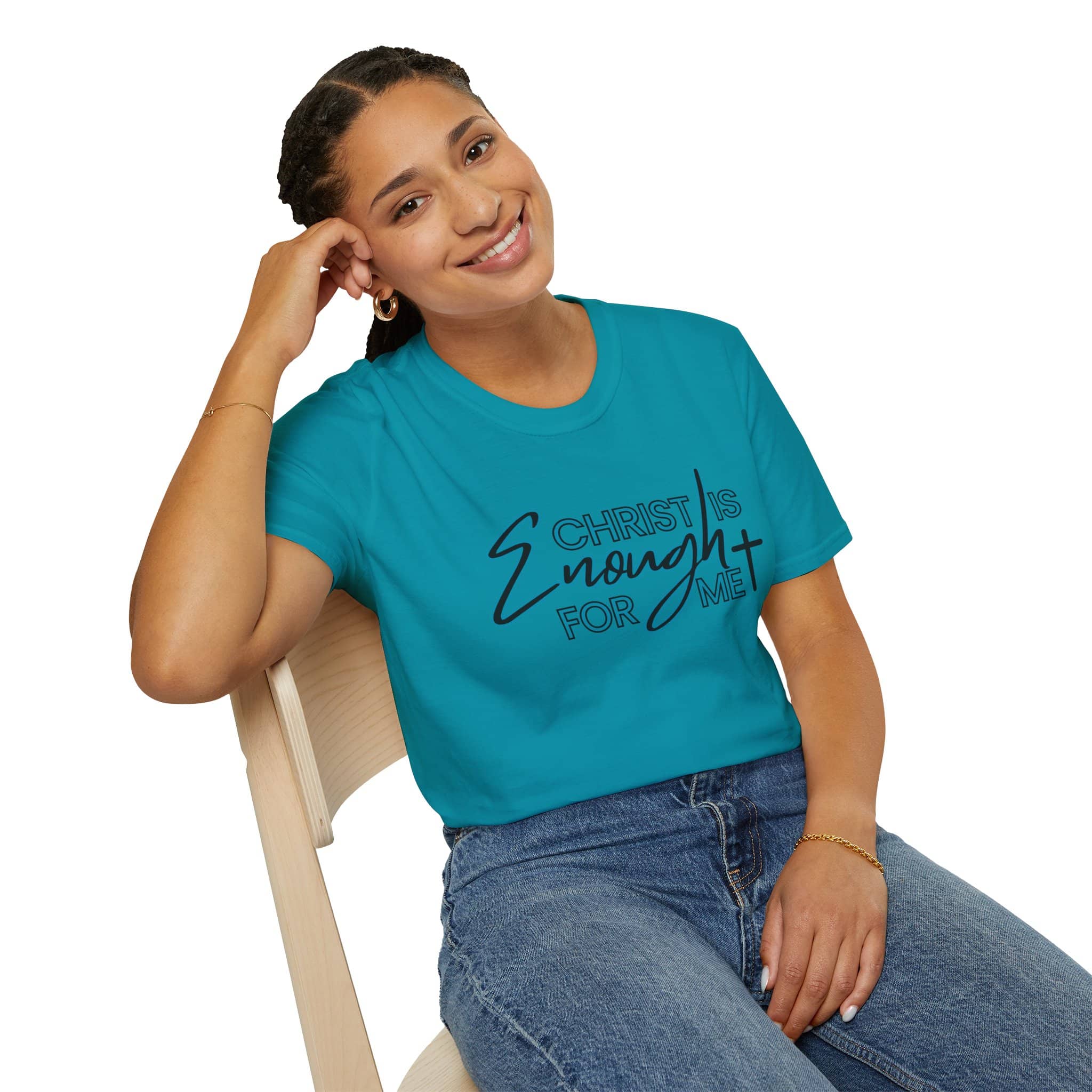 Christ is enough shirt in turquoise with inspirational text design for casual wear