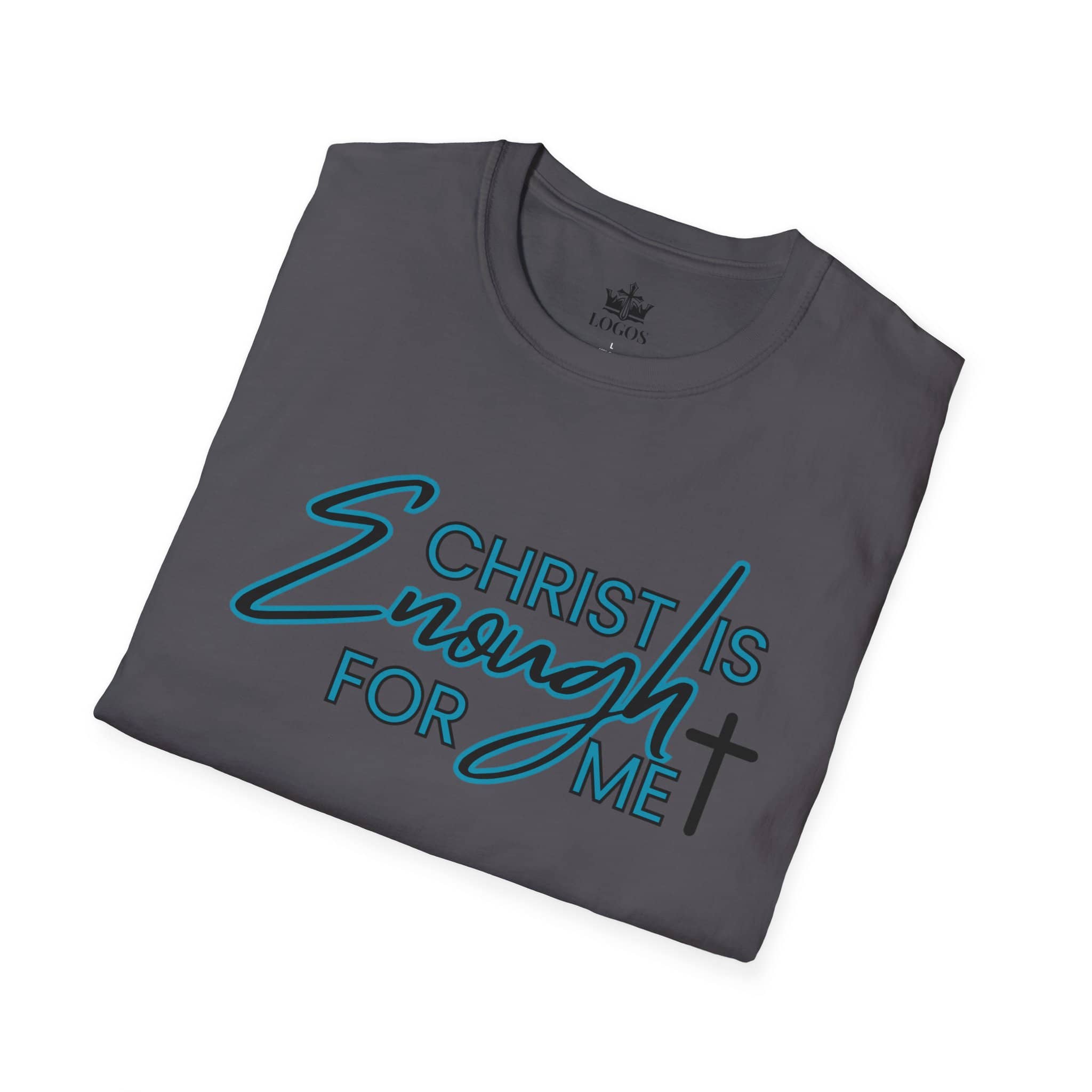 Gray Christ is Enough shirt with bold blue lettering and a cross design for uplifting messages